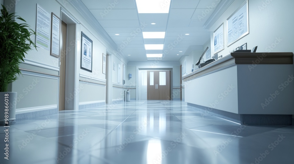 A clean, modern hospital corridor with doors and informational posters on the walls. A clean, modern hospital corridor with doors and informational posters on the walls.