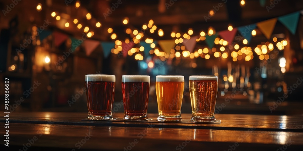 Evening at the pub with four cold beers and colorful bunting under warm lights