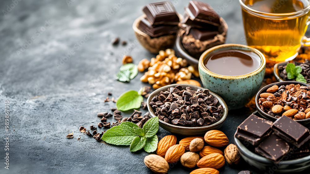 Rich Foods Displayed on a Table with Nuts and Chocolate Rich Foods Displayed on a Table with Nuts and Chocolate