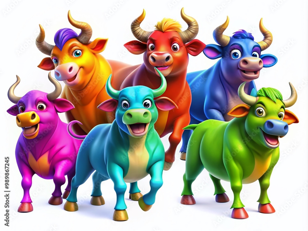 Colorful Cartoon Bulls in Playful Poses with Fun Expressions for Kids and Animation Themes