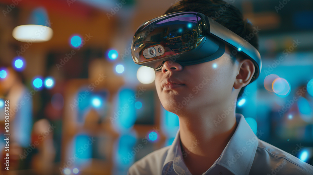 a student with virtual reality technology using artificial intelligence for advanced learning in modern classroom, VR headset for futuristic machine learning a student with virtual reality technology using artificial intelligence for advanced learning in modern classroom, VR headset for futuristic machine learning