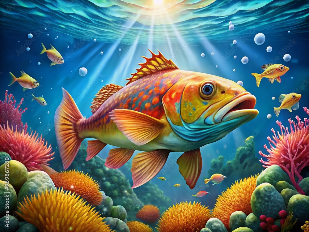 Fototapeta premium Colorful Cartoon Cod Fish Swimming in the Ocean with Bubbles and Coral Reef Background Illustration