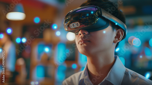 a student with virtual reality technology using artificial intelligence for advanced learning in modern classroom, VR headset for futuristic machine learning 