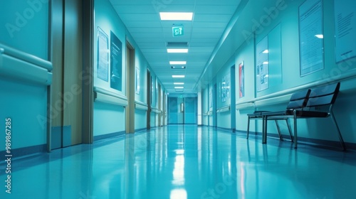 A clean, well-lit hospital corridor with blue tones and a bench.