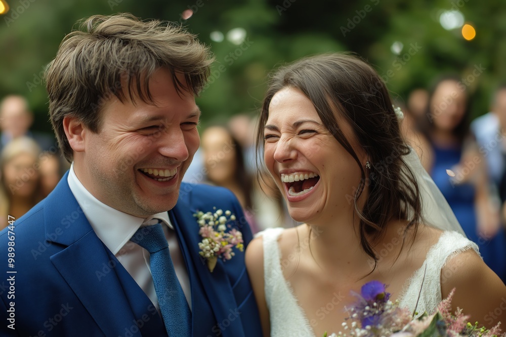 Joyful bride and groom celebrating their wedding day outdoors surrounded by family and friends in the afternoon sunlight Joyful bride and groom celebrating their wedding day outdoors surrounded by family and friends in the afternoon sunlight