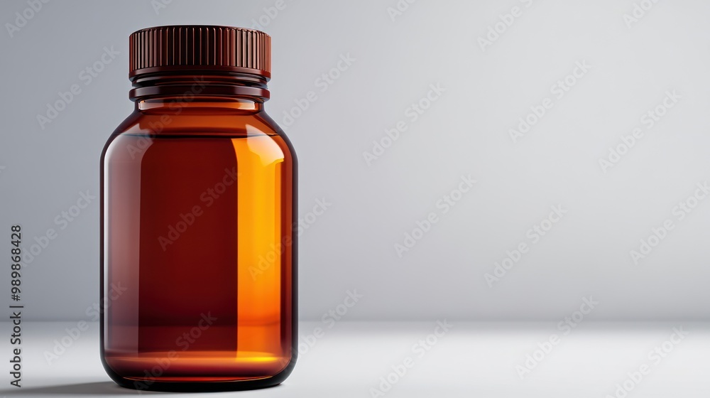 A clear amber glass bottle, commonly used for storing liquids or supplements. A clear amber glass bottle, commonly used for storing liquids or supplements.
