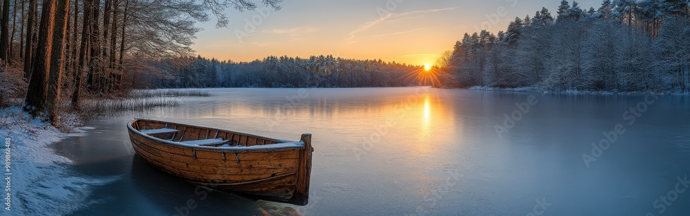 First Rays of Sunlight on a Frozen Snow-Covered Lake First Rays of Sunlight on a Frozen Snow-Covered Lake