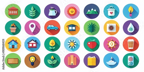 Colorful collection of icons representing various concepts in a modern flat design style