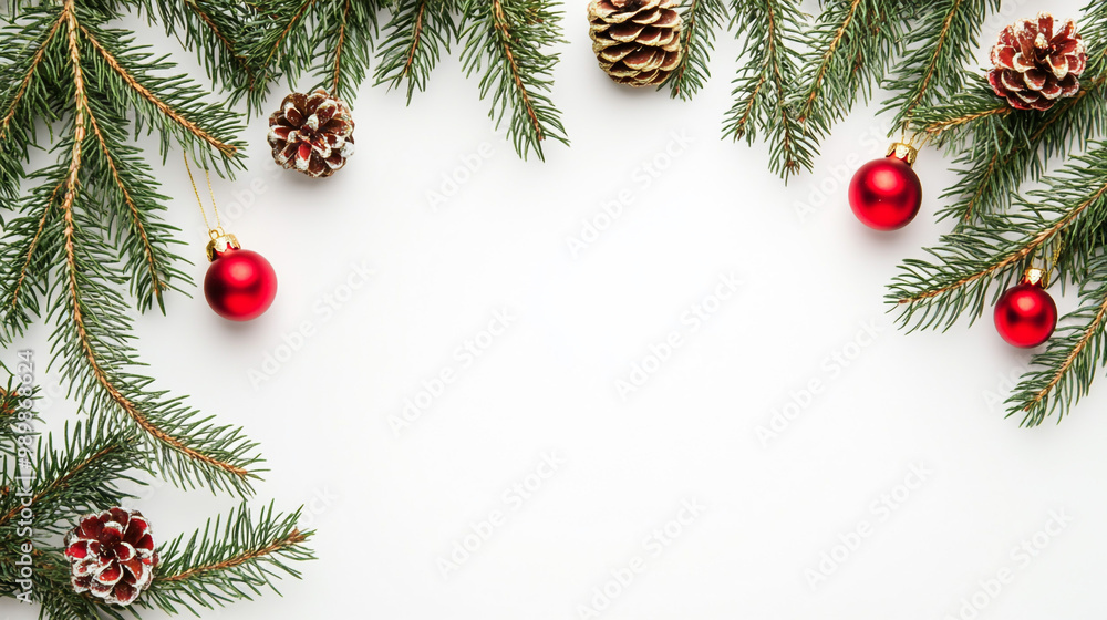 Christmas tree branches and festive decoration on white isolated background. Christmas Pine Branches With Red Ornaments and Cones Christmas tree branches and festive decoration on white isolated background. Christmas Pine Branches With Red Ornaments and Cones