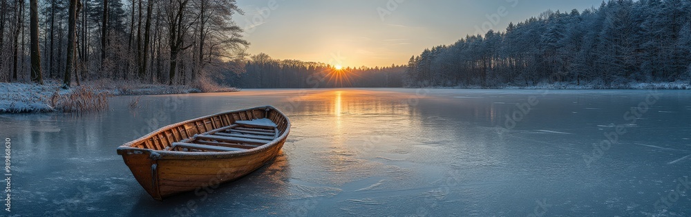 Obraz premium First Rays of Sunlight on a Frozen Snow-Covered Lake