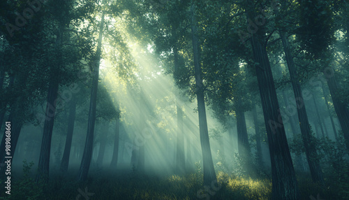 Tall, misty trees with sunlight streaming through the branches, creating a magical and mysterious forest atmosphere