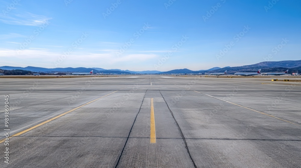 Fototapeta premium A clear view of an airport runway extending towards distant mountains under a blue sky.