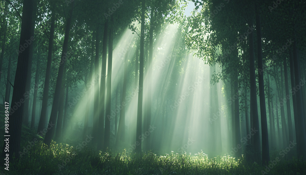 Fototapeta premium Tall, misty trees with sunlight streaming through the branches, creating a magical and mysterious forest atmosphere