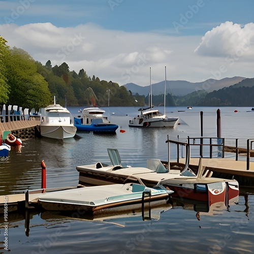 Boats moored at Ambleside Pier, Waterhead, Lake Windermere. ai generative

 photo