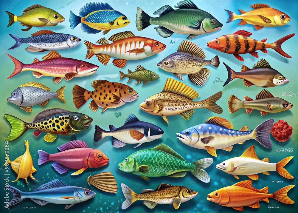 Colorful Fish Species Collection with Names Displayed for Educational ...