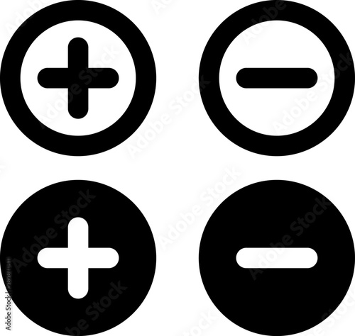 Plus, minus, add and subtract icon set in simple and stroke style in circle with black and white color. Plus and minus or add and subtract flat icons for apps and websites. Plus and minus sign set.