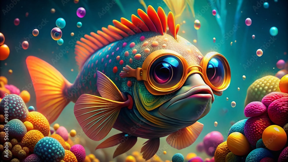 Colorful Fish Wearing Sunglasses in an Underwater Scene with Coral and Bubbles in Bright Sunlight Colorful Fish Wearing Sunglasses in an Underwater Scene with Coral and Bubbles in Bright Sunlight