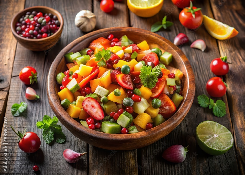 Colorful Fruit Salsa in a Bowl with Fresh Ingredients and Garnish on a Wooden Table Background Colorful Fruit Salsa in a Bowl with Fresh Ingredients and Garnish on a Wooden Table Background