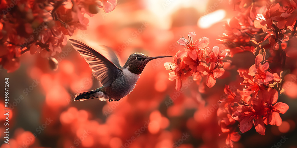 Obraz premium Hummingbird hovering near vibrant red flowers
