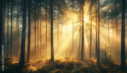 Tall, misty trees with sunlight streaming through the branches, creating a magical and mysterious forest atmosphere