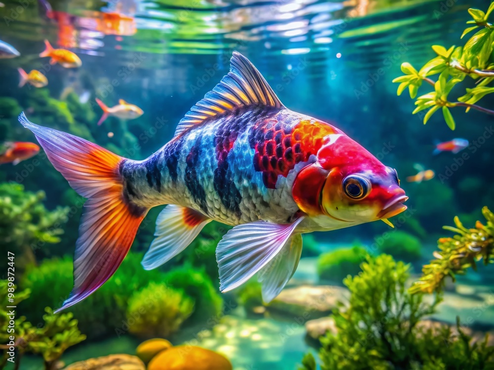 Fototapeta premium Colorful Japanese Tai Fish Swimming Gracefully in Clear Water, Showcasing Vibrant Scales and Fins