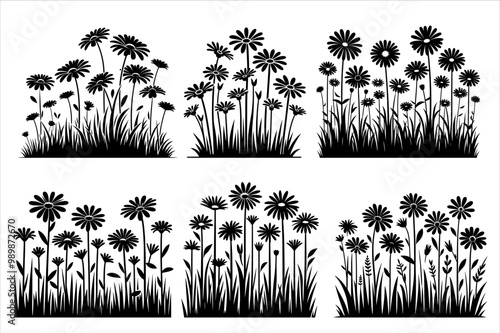 Vector Silhouettes of Wild Flowers set. Wildflower Silhouette vector Bundle Clipart.