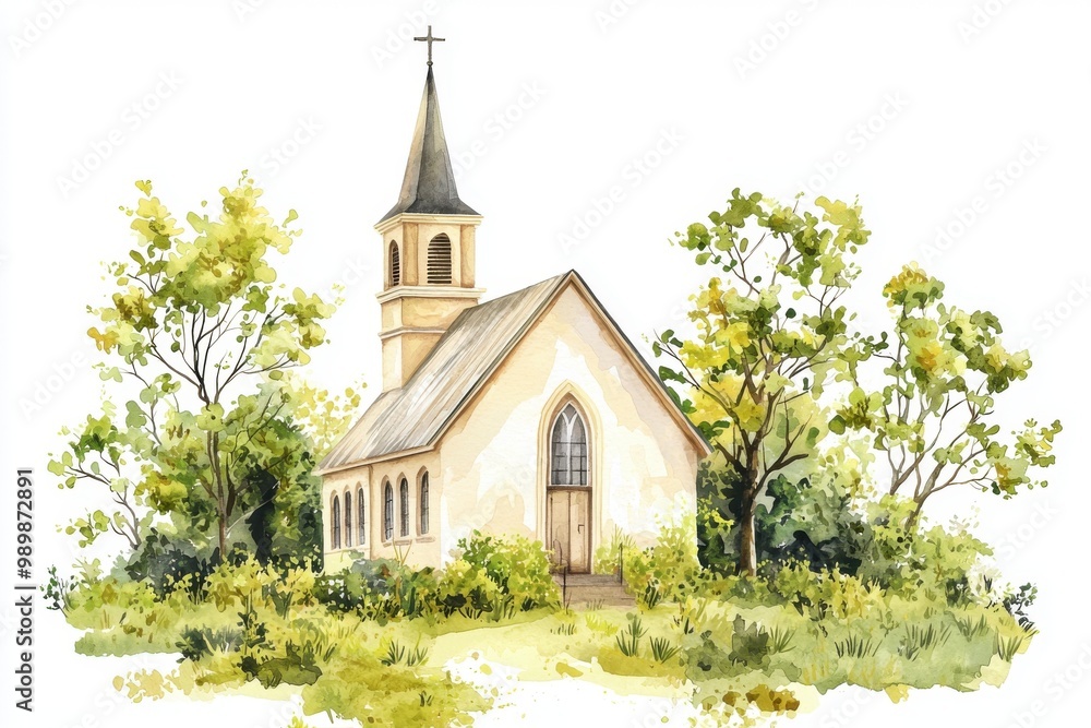 Naklejka premium A serene watercolor painting of a charming church surrounded by lush greenery and trees, evoking peace and tranquility.