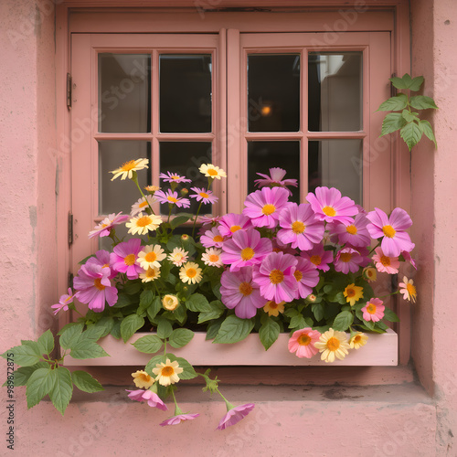 Una vibrante ventana llena de flores en una casa rosa photo