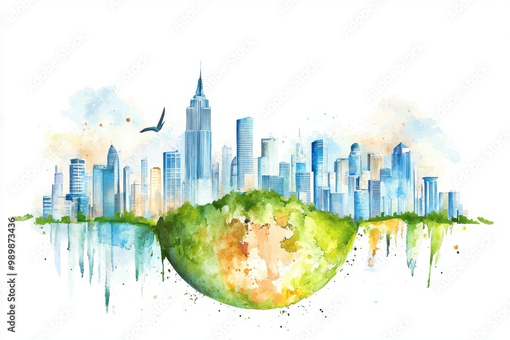 Obraz premium A vibrant watercolor illustration depicting a city skyline above a green globe, symbolizing urban life and nature harmony.
