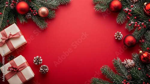 Merry Christmas and Happy Holidays greeting card frame. Festive Christmas Decor with Gifts and Ornaments on Red Background