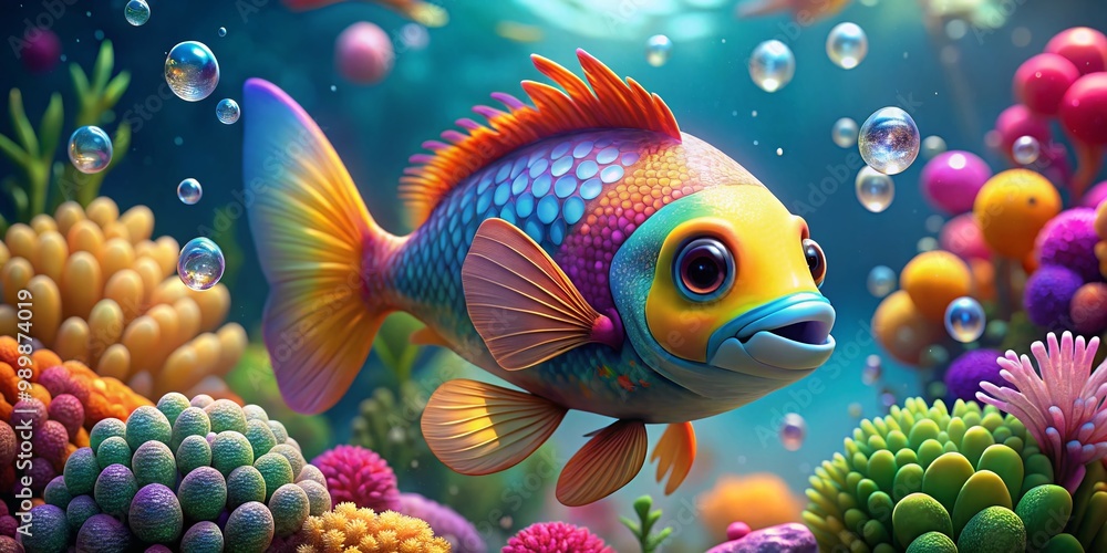 Colorful Rainbow Fish Cartoon Character in Vibrant Underwater Scene with Coral and Bubbles Colorful Rainbow Fish Cartoon Character in Vibrant Underwater Scene with Coral and Bubbles
