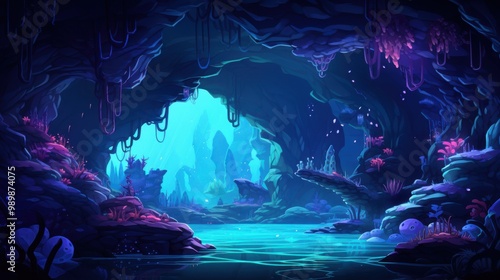 A Mystical Underwater Cave with Bioluminescent Flora