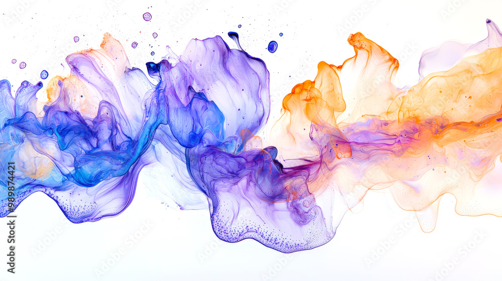 Fancy watercolor spots on a white background. An abstract wave of blue, purple and orange colors with colored drops and inclusions. The colors blend to create a sense of movement and fluidity Fancy watercolor spots on a white background. An abstract wave of blue, purple and orange colors with colored drops and inclusions. The colors blend to create a sense of movement and fluidity