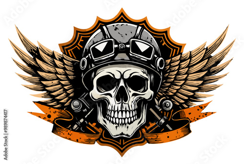 Vintage biker skull emblem vector image, isolated on white bckground
