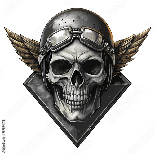 Vintage biker skull emblem vector image, isolated on white bckground
