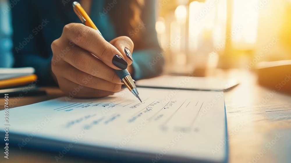 A professional financial consultant writing down key points on a notepad during a loan consultation
