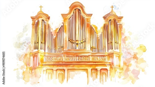 An elegant watercolor illustration of a grand church organ, showcasing intricate details and a harmonious design. photo