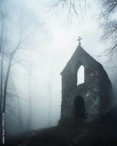 stone church foggy woods cross top feeling horror lament configuration anomalous object clothes quaint eerie
