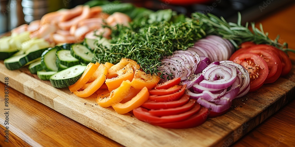 A colorful array of freshly cut vegetables, including cucumber, red onion, bell pepper, tomato, and herbs, arranged on a wooden cutting board, ready for a culinary adventure. A colorful array of freshly cut vegetables, including cucumber, red onion, bell pepper, tomato, and herbs, arranged on a wooden cutting board, ready for a culinary adventure.