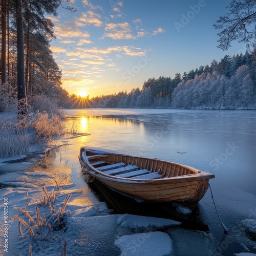 First Rays of Sunlight on a Frozen Snow-Covered Lake