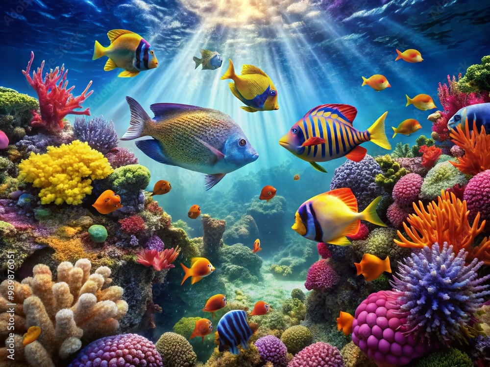 Naklejka premium Colorful tropical fish swimming in a vibrant underwater scene with coral reefs and sea plants