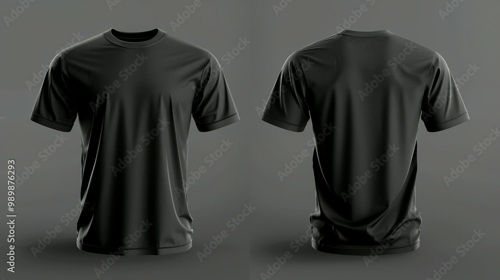 Front and Back Views of a Blank Black T-Shirt Mockup: 3D Rendering Template for Football Clothing