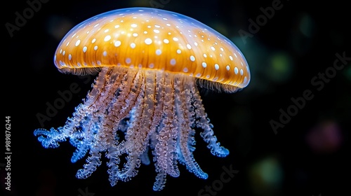 A delicate jellyfish with a translucent bell adorned with white polka dots and trailing tentacles that shimmer with an ethereal glow.