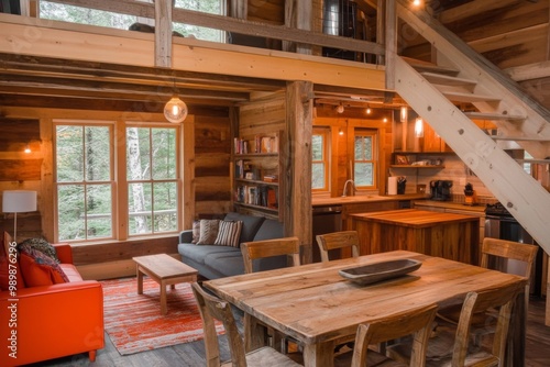 Cozy cabin retreat featuring rustic wood and modern design with a bright living space, dining area, and loft for relaxation