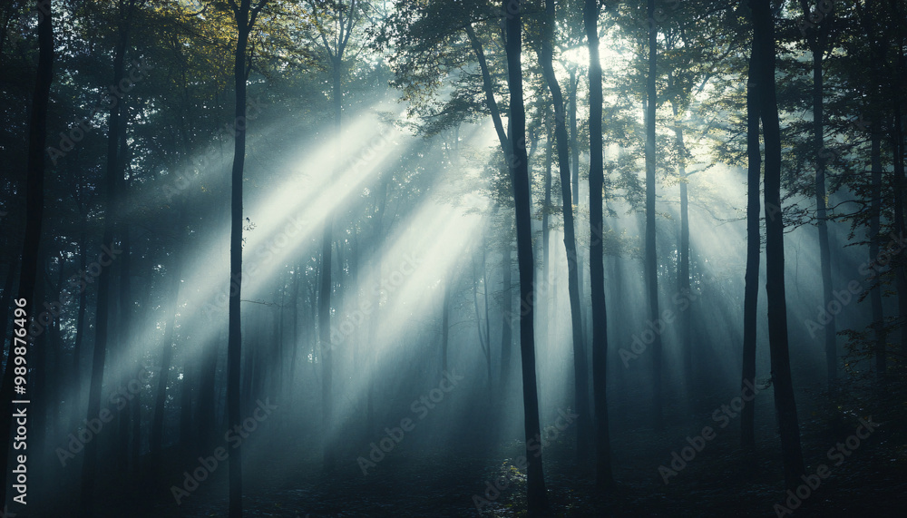 Naklejka premium Tall, misty trees with sunlight streaming through the branches, creating a magical and mysterious forest atmosphere