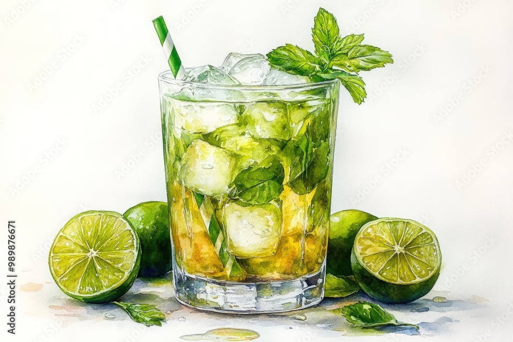 Fototapeta premium A refreshing mojito cocktail with lime and mint in a glass with ice.