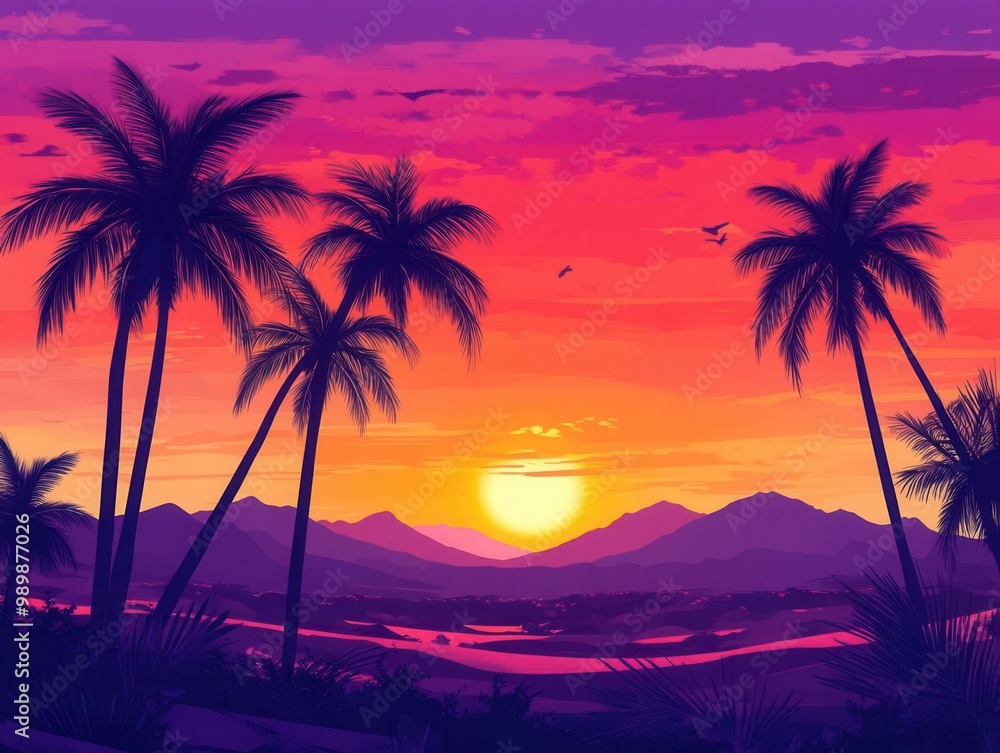 A serene desert oasis at sunset A serene desert oasis at sunset