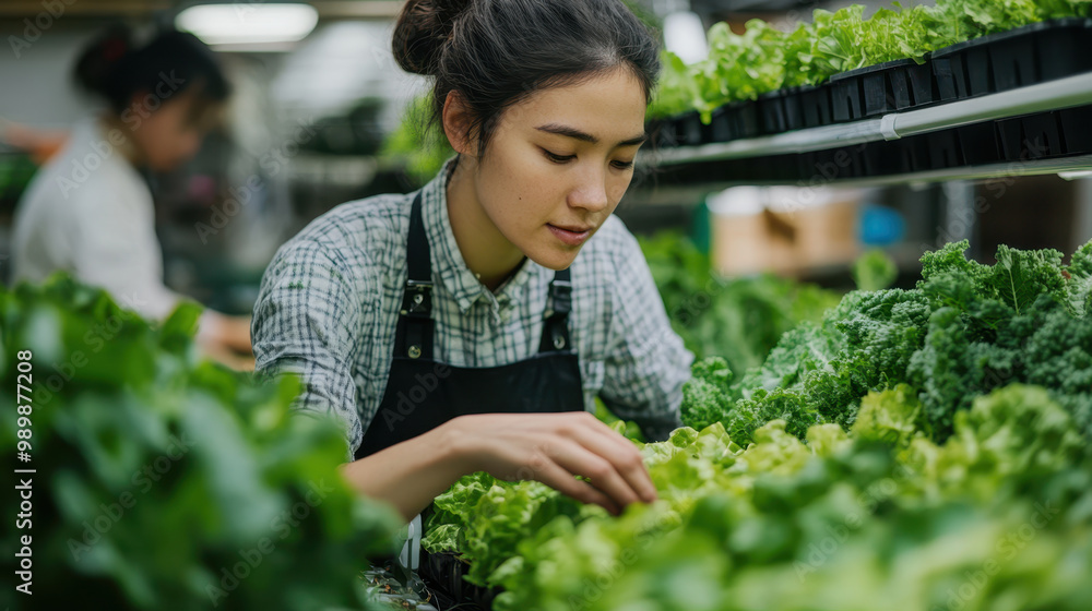woman carefully tending to fresh greens in vertical farming system, showcasing her dedication to sustainable agriculture and healthy living woman carefully tending to fresh greens in vertical farming system, showcasing her dedication to sustainable agriculture and healthy living