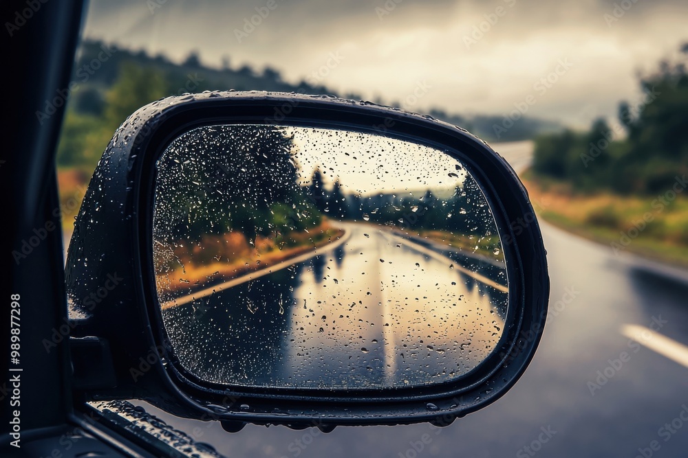 A rainy day scene captured in a side mirror, reflecting a wet road and moody landscape, evoking a sense of solitude and travel. A rainy day scene captured in a side mirror, reflecting a wet road and moody landscape, evoking a sense of solitude and travel.