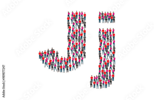 A large group of people inside the letter J